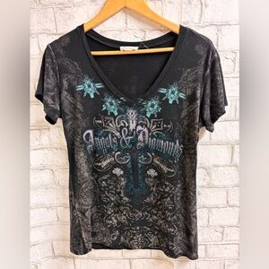 Angels & Diamonds Black V-Neck Tee with Turquoise & Pink Graphic